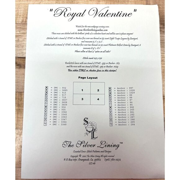 "Royal Valentine" Cross Stitch Pattern By The Silver Lining With Roses Design - Picture 3 of 3